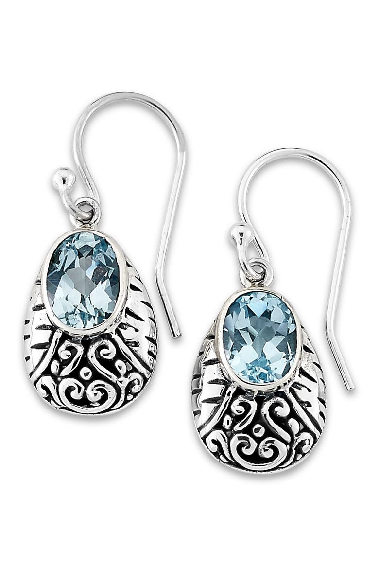 Sterling Silver Oval Blue Topaz Bali Design Earrings, Main, color, BLUE
