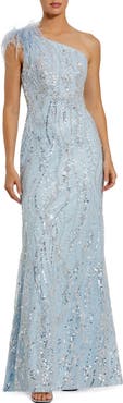 Mac Duggal Feathered One Shoulder Embroidered Applique Gown