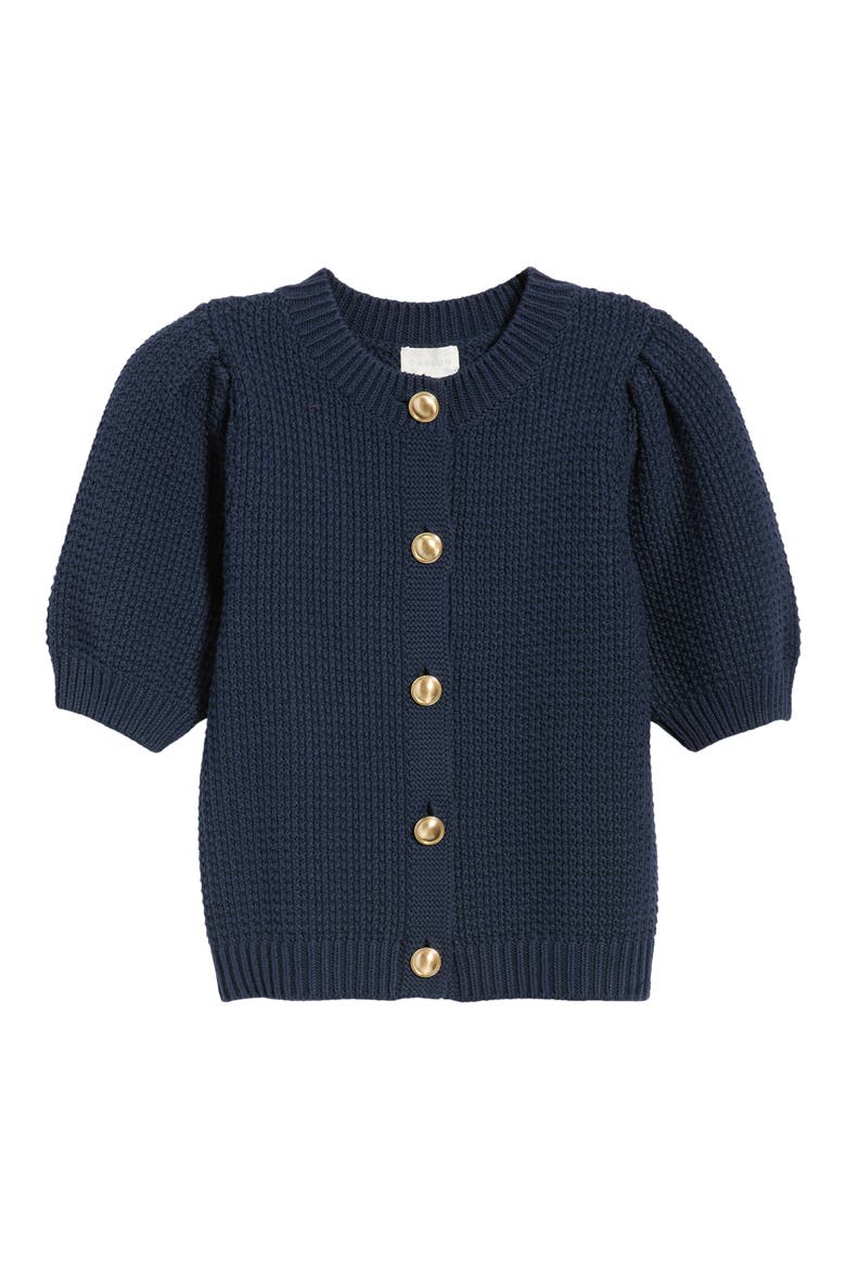 Puff Sleeve Textured Cotton Cardigan, Alternate, color, NAVY STILL