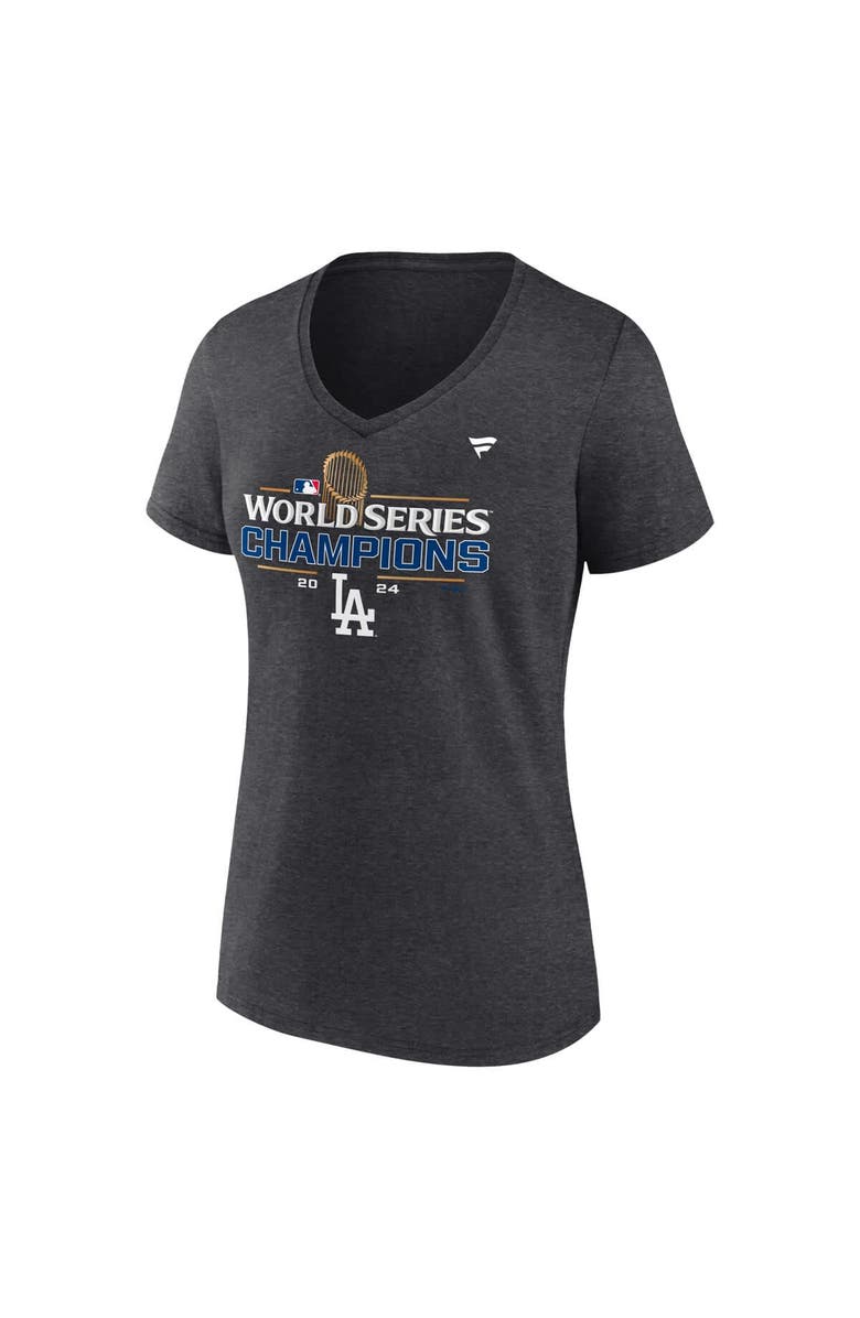 FANATICS Women's Fanatics Heather Charcoal Los Angeles Dodgers 2024 World Series Champions Locker Room V-Neck T-Shirt, Alternate, color, 