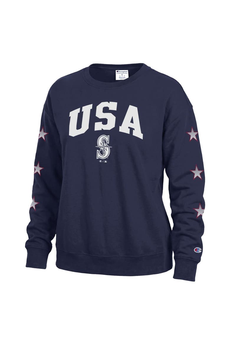 Women's Champion  Navy Seattle Mariners Americana Fleece Crewneck Sweatshirt, Alternate, color, Navy