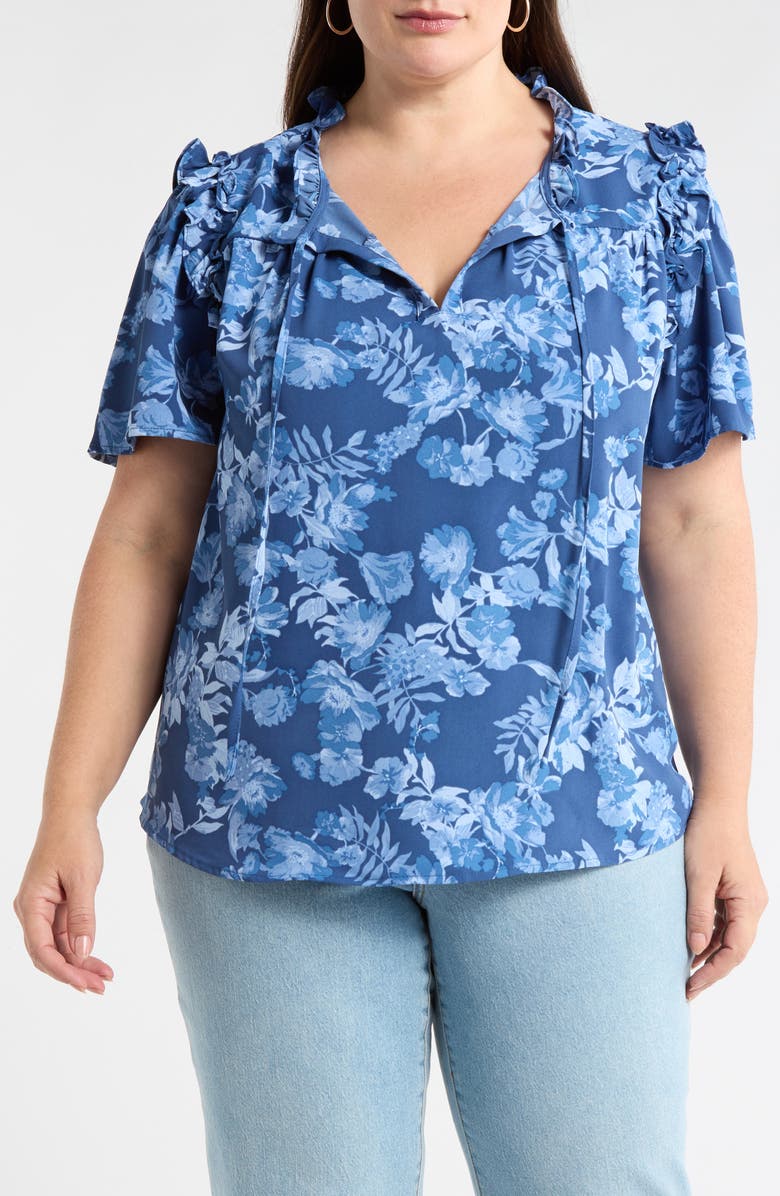 SUGARLIPS Bary Danielle Floral Ruffle Top, Main, color, Navy-Blue