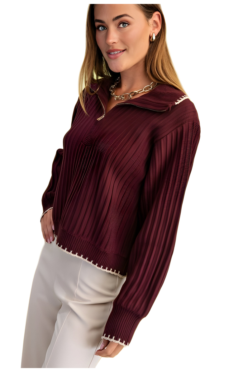 Knit and Lounge Pleated Ribbed Knit Half-Zip Sweater With Contrast Trim, Alternate, color, 