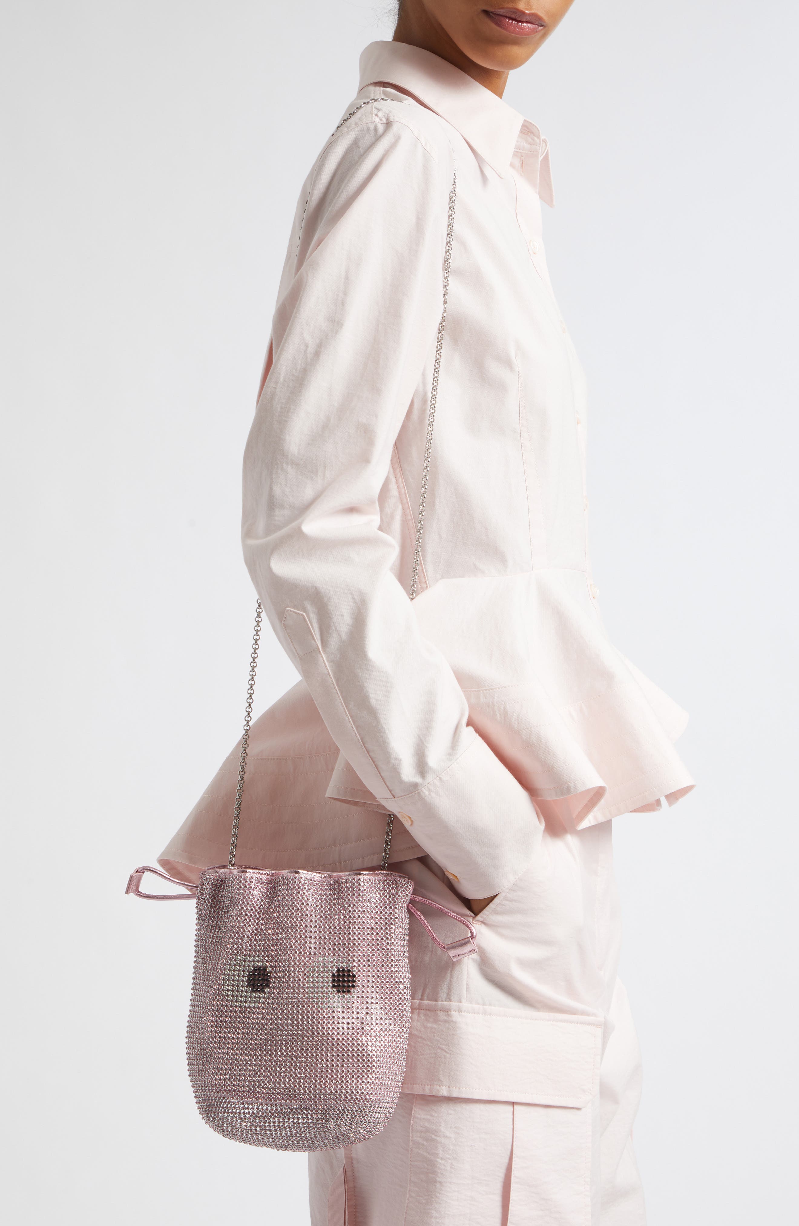 Eyes Crystal Mesh Drawstring Pouch, Alternate, color, PINK