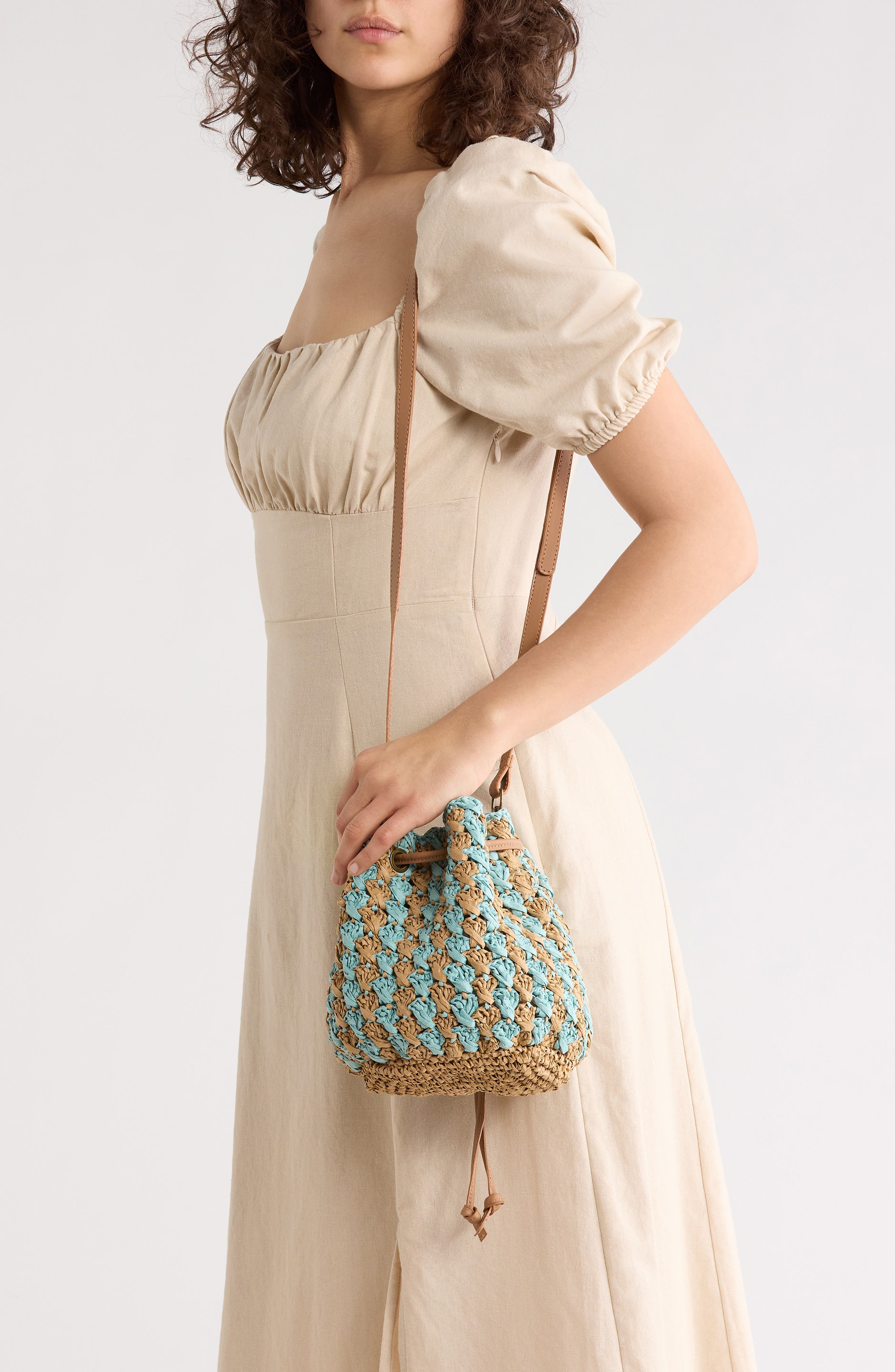 Collection XIIX Two-Tone Crochet Drawstring Bucket Bag, Alternate, color, Blue Multi