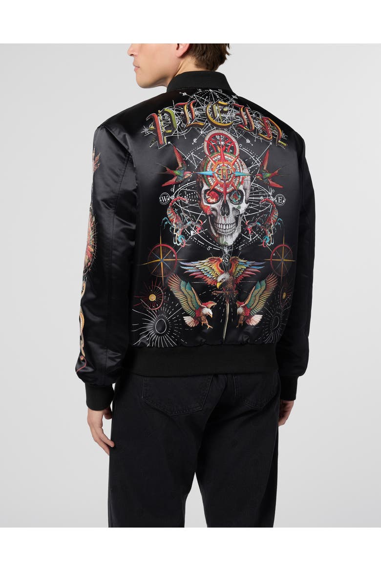 Printed Nylon Bomber Tattoo Men, Alternate, color, black