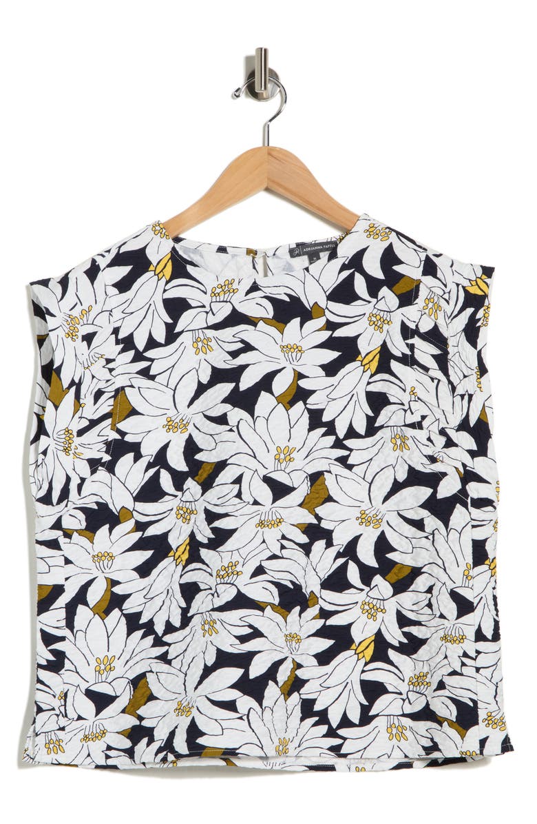 Adrianna Papell Floral Cap Sleeve Crinkled Top, Main, color, Navy/ Ivory Lily