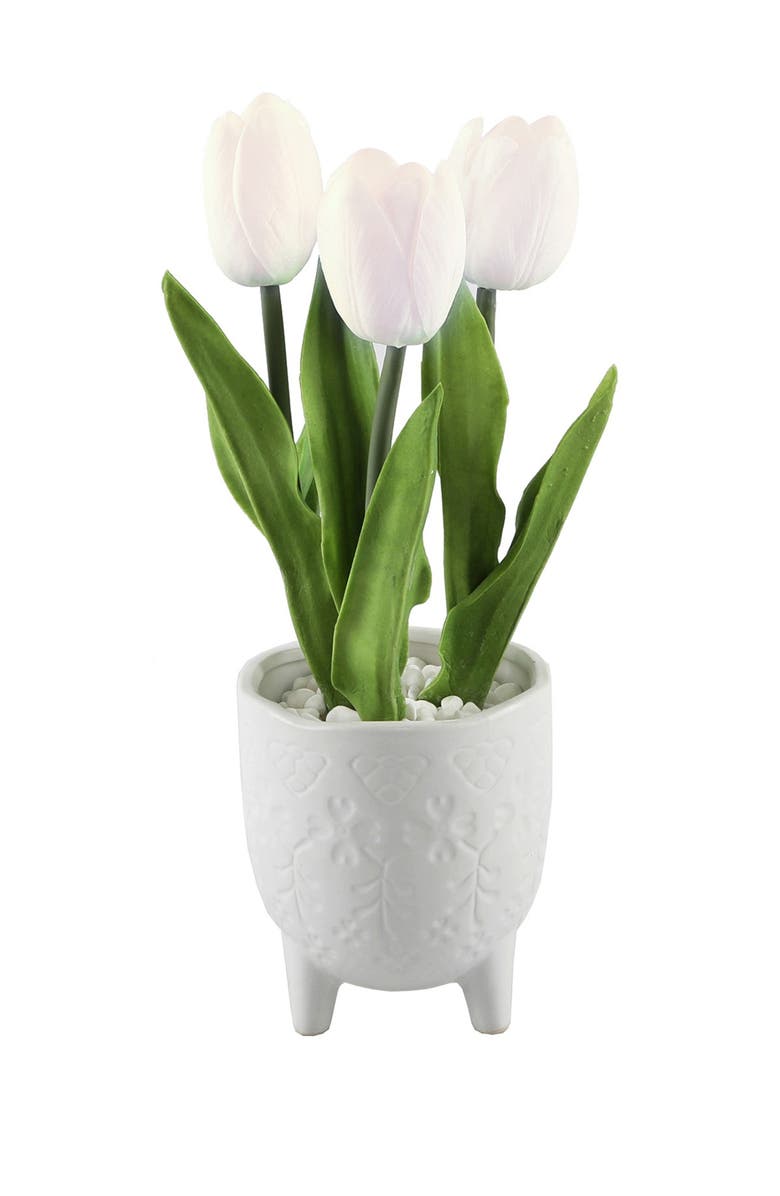 FLORA BUNDA Real-Touch Tulips in 4.5" Lobster Ceramic Footed Pot, Main, color, 
