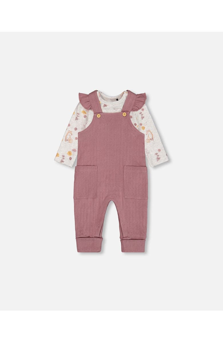 Deux par Deux Baby Girl's Printed Organic Cotton Bodysuit And Pointelle Overall Set Woodrose, Main, color, 