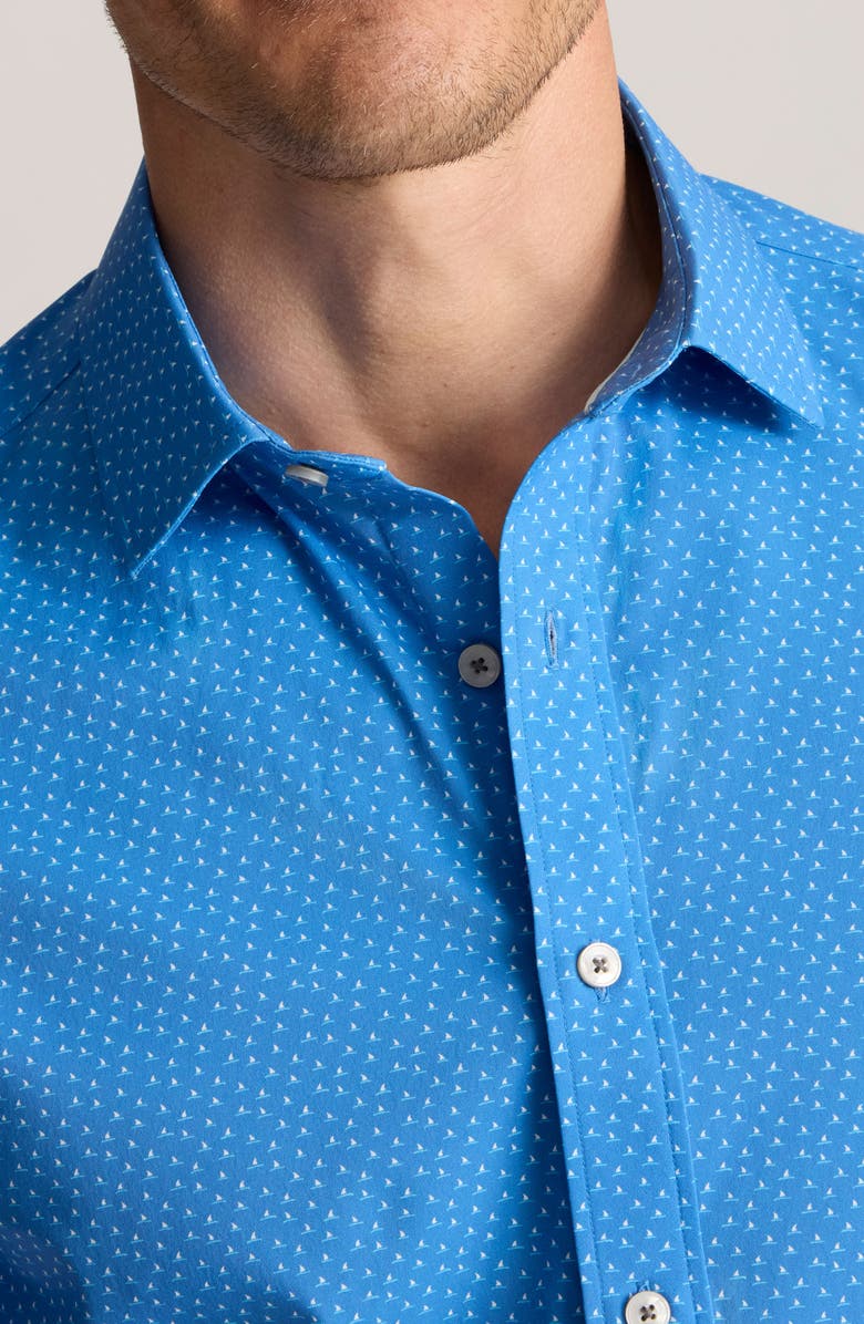 UNTUCKit Sailboat Print Short Sleeve Performance Button-Up Shirt, Alternate, color, Blue