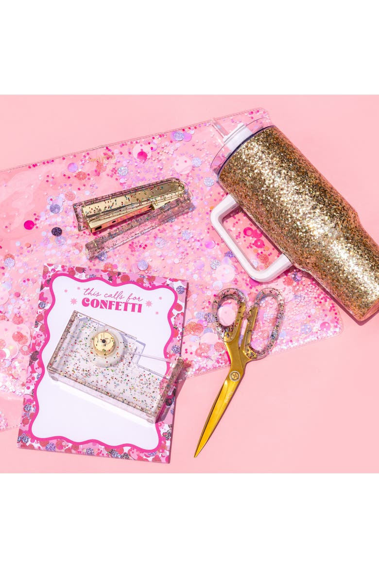 Work Party Confetti Multi-Use Desk Mat - 13x18 Inch Clear Vinyl Pink Confetti Desk Mat with Gold Foil Detail for Desks and Keyboards, Alternate, color, Multicolor