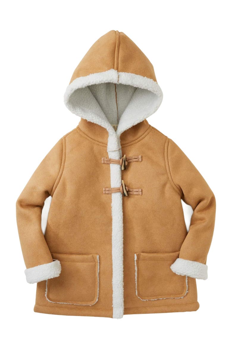 Girls' Hooded Shearling Jacket, Kids, Main, color, Tan with White Sherpa