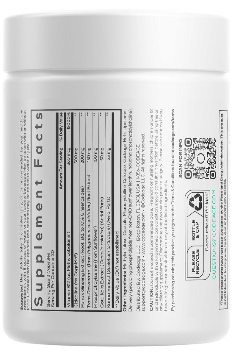 Codeage Brain Focus Vitamins + Nootropic Supplement, Alternate, color, White
