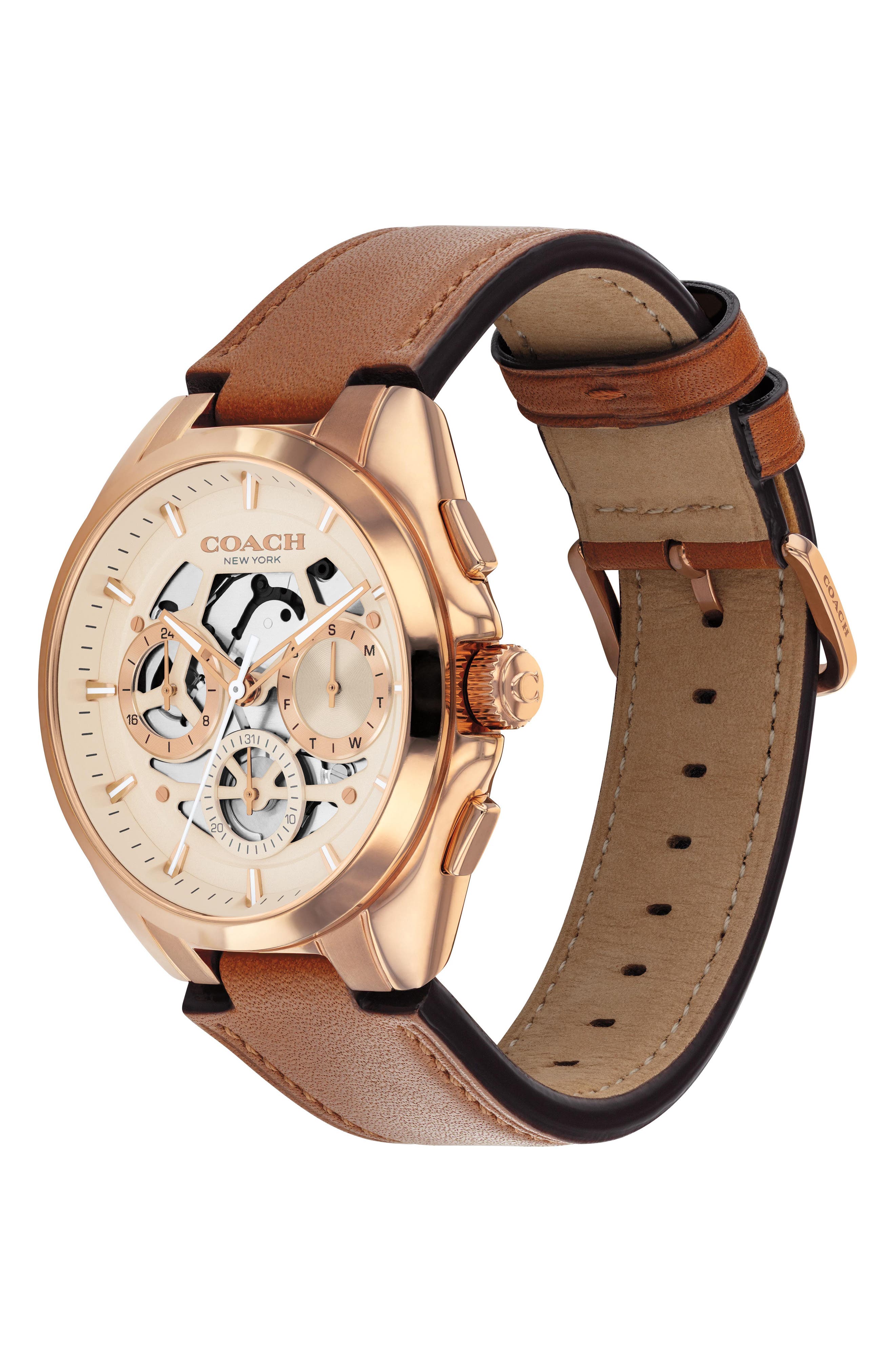 COACH Jackson Rose Gold Tone Multifunction Leather Strap Watch