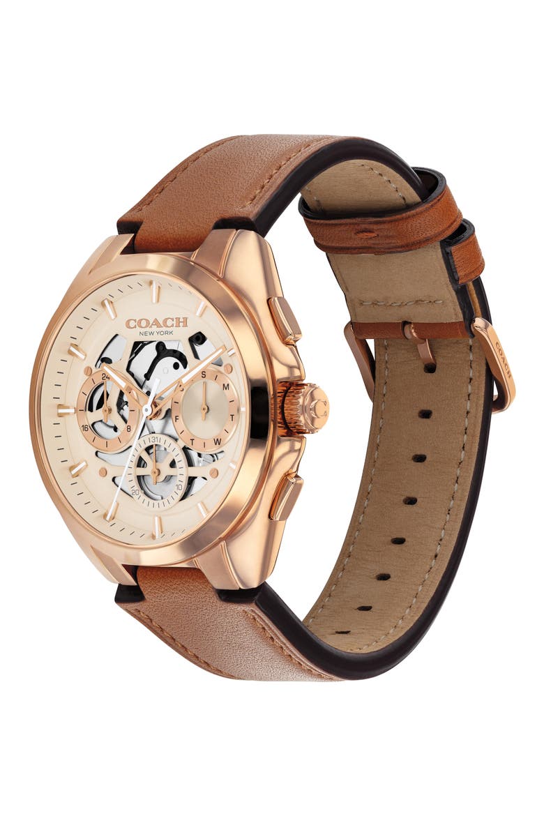 Jackson Rose Gold Tone Multifunction Leather Strap Watch, 41.5mm, Alternate, color, BROWN