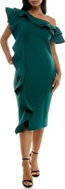 Nina Leonard Ruffle One-Shoulder Scuba Knit Sheath Dress