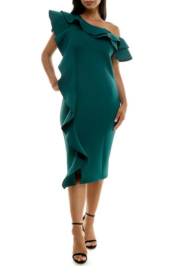 Nina Leonard Ruffle One-shoulder Scuba Sheath Dress In Emerald