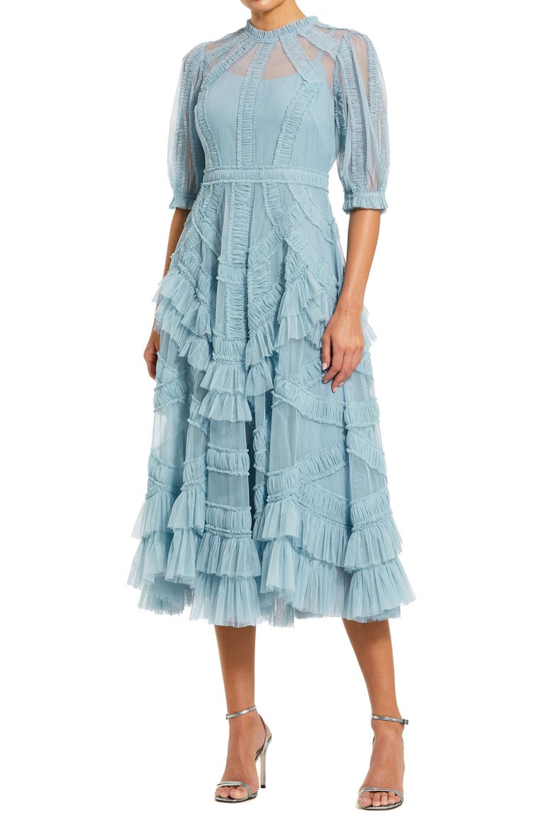 Petite High Neck Puff Sleeve Ruffle Tiered Dress, Main, color, French Blue