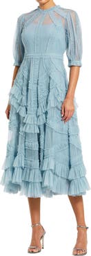 Mac Duggal Women's High Neck Puff Sleeve Ruffle Tiered Dress