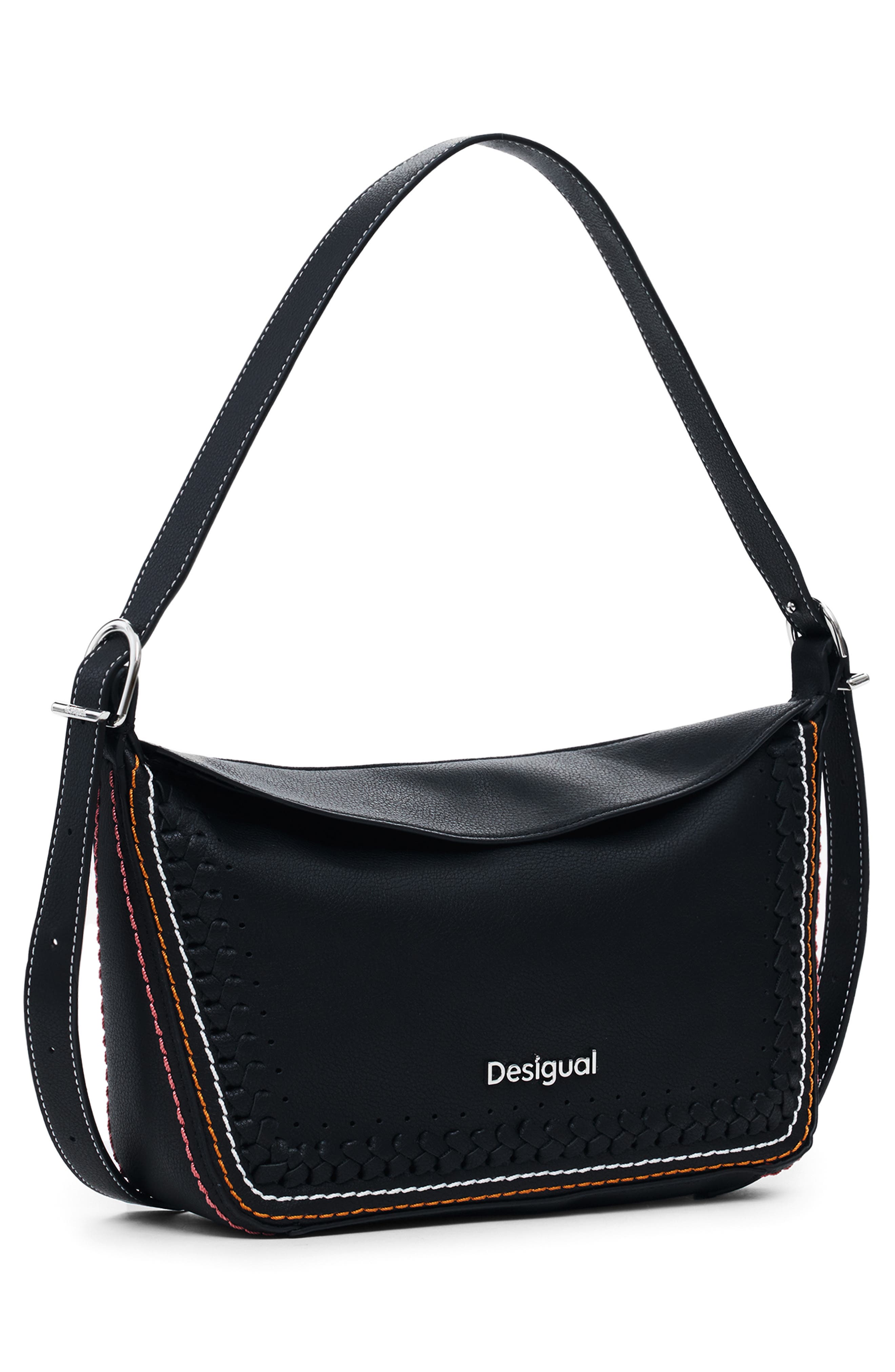 Desigual Topstitch Detail Faux Leather Shoulder Bag, Alternate, color, Black