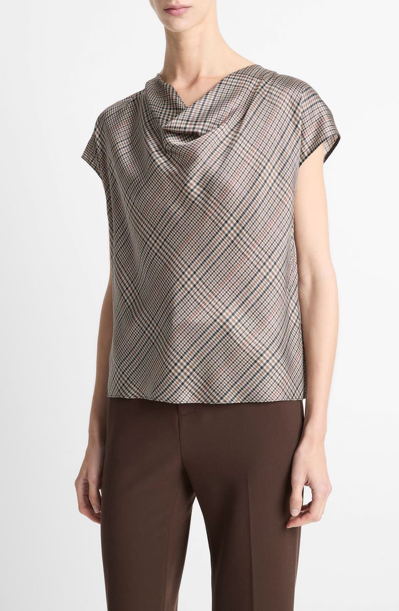 Vince Pressed Plaid Cowl Neck Silk Top, Alternate, color, Multi Plaid