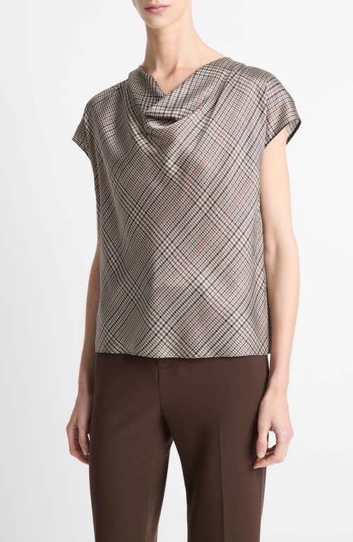 Vince Pressed Plaid Cowl Neck Silk Top In Brown