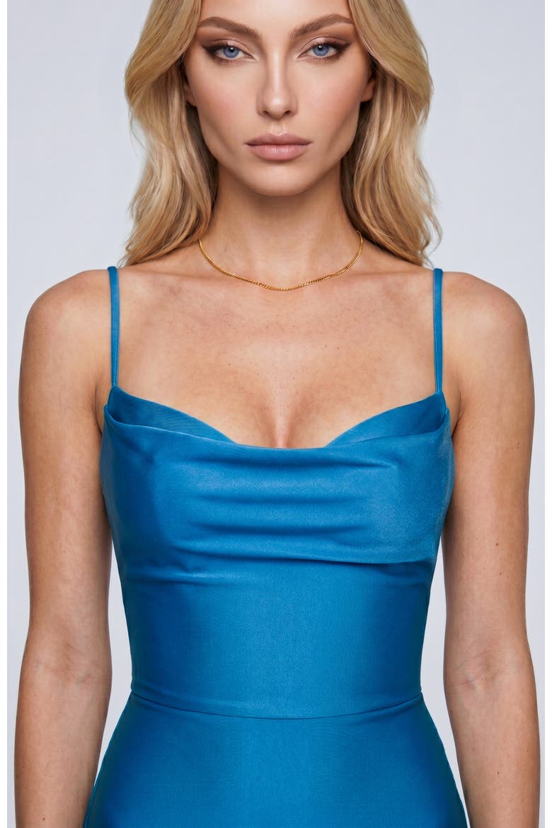 Cowl Neck Lace-Up Open Back Mermaid Gown, Alternate, color, Turquoise