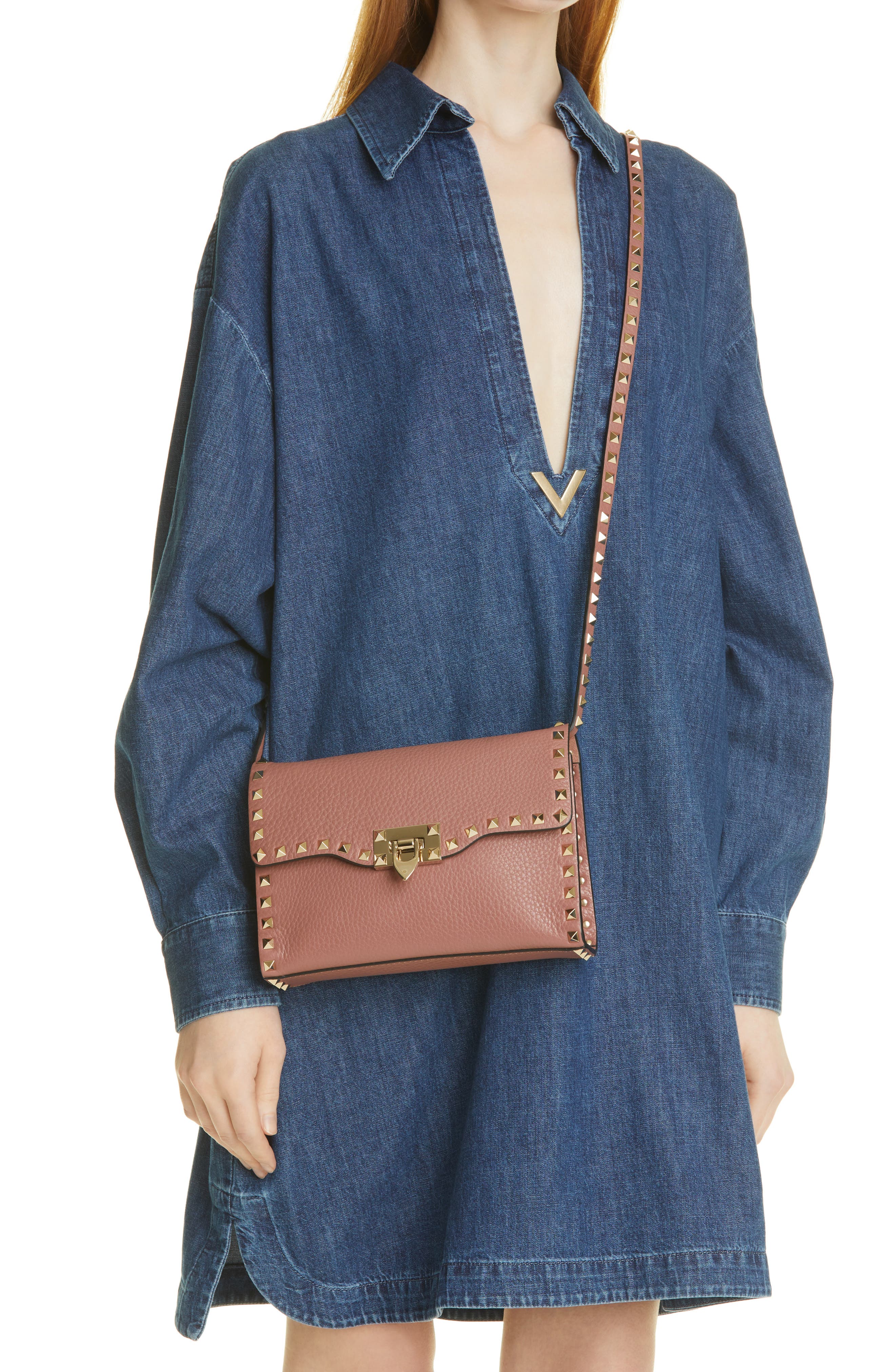 Small Rockstud Leather Shoulder Bag, Alternate, color, NUDE
