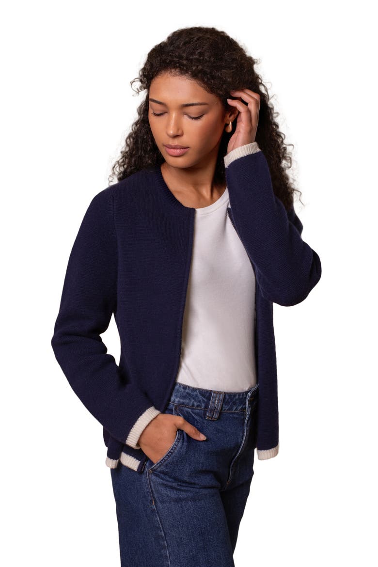 Zip Through Knitted Jacket, Alternate, color, DARK NAVY TIPPED