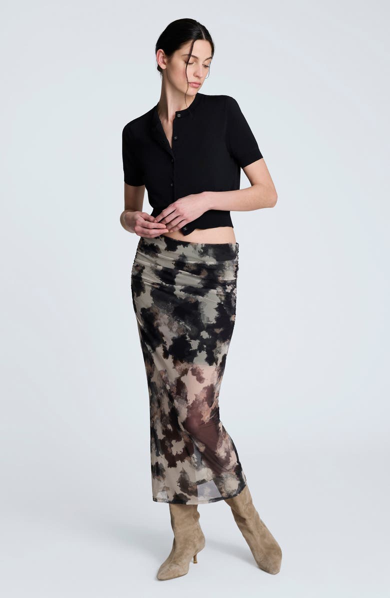 Kenneth Cole Ruched Mesh Midi Skirt, Alternate, color, Black Multi