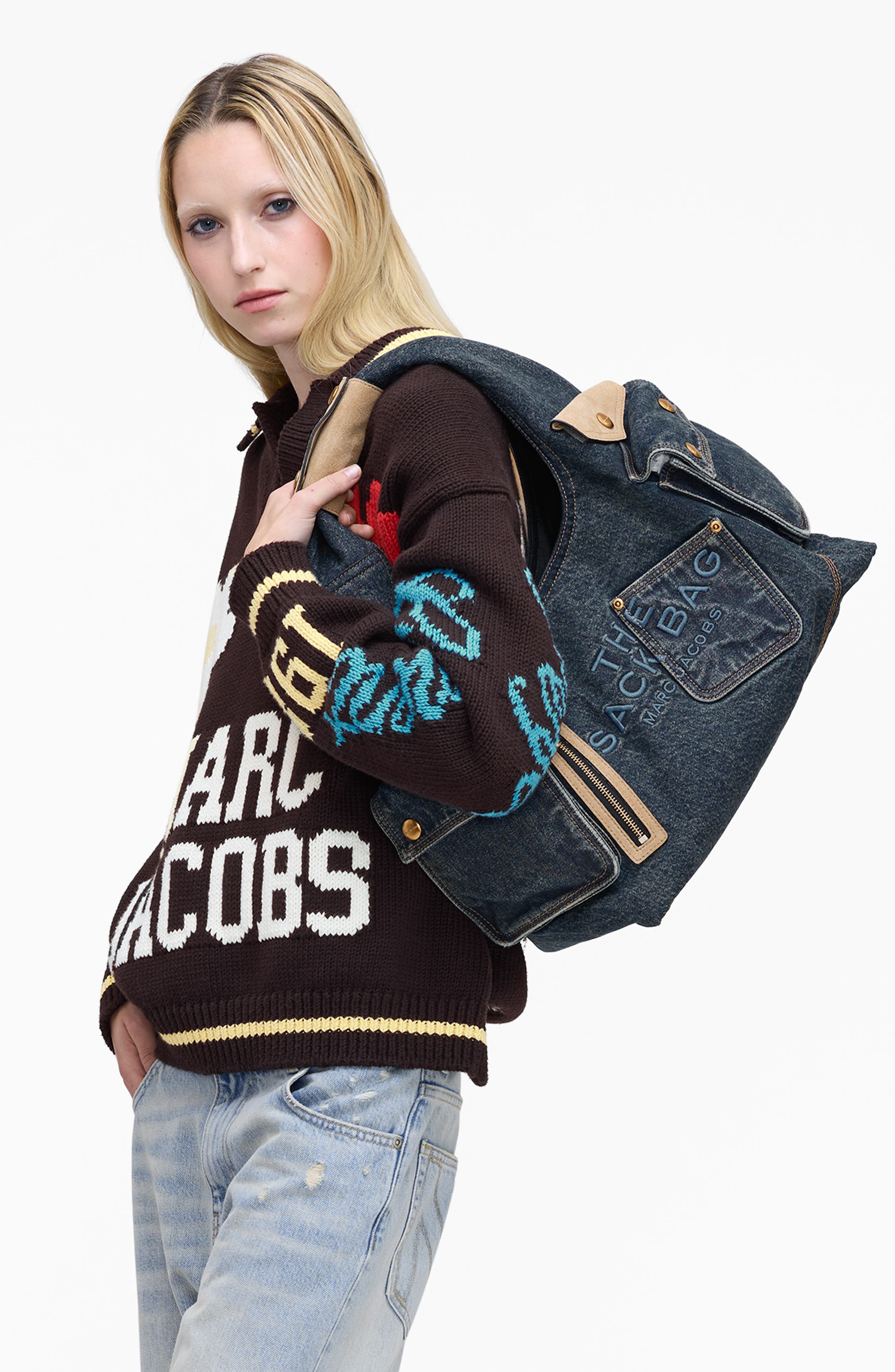 Marc Jacobs The Sack Denim Shoulder Bag, Alternate, color, Dark Wash Indigo