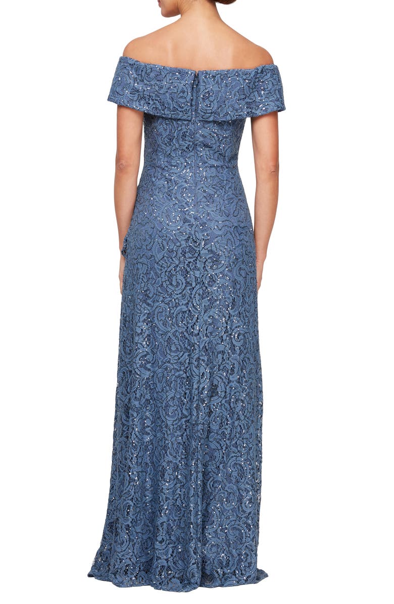 Alex Evenings Sequin Off the Shoulder Lace Gown, Alternate, color, Wedgewood