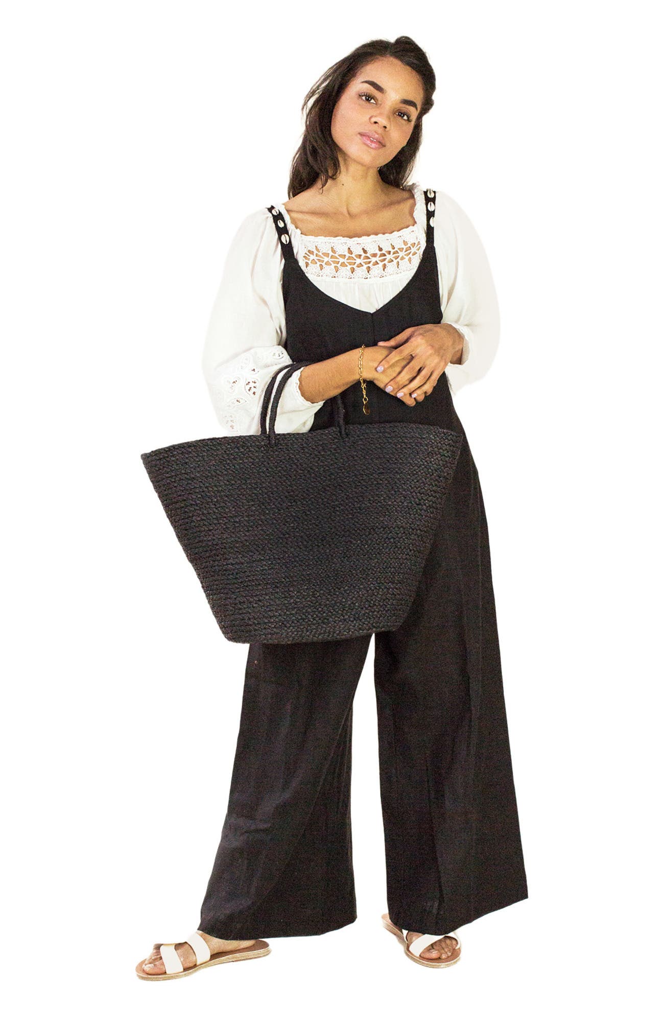 indego africa Braided Raffia Tote Black, Alternate, color, Black