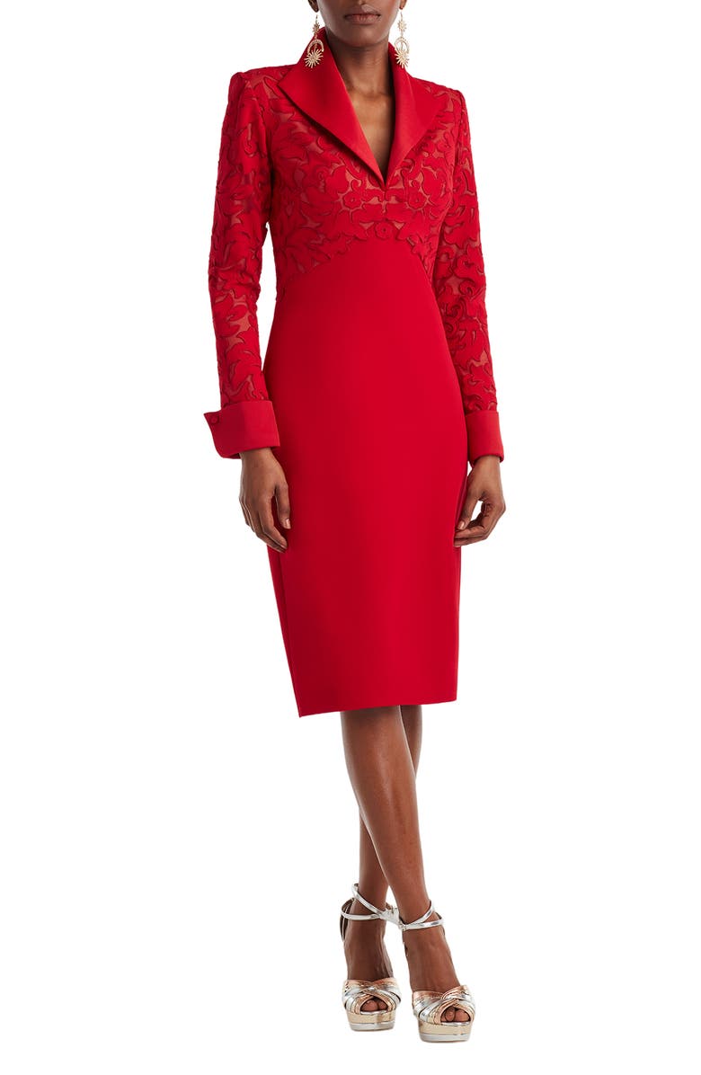 Tadashi Shoji Lace Detail Long Sleeve Sheath Cocktail Dress, Main, color, Cherry