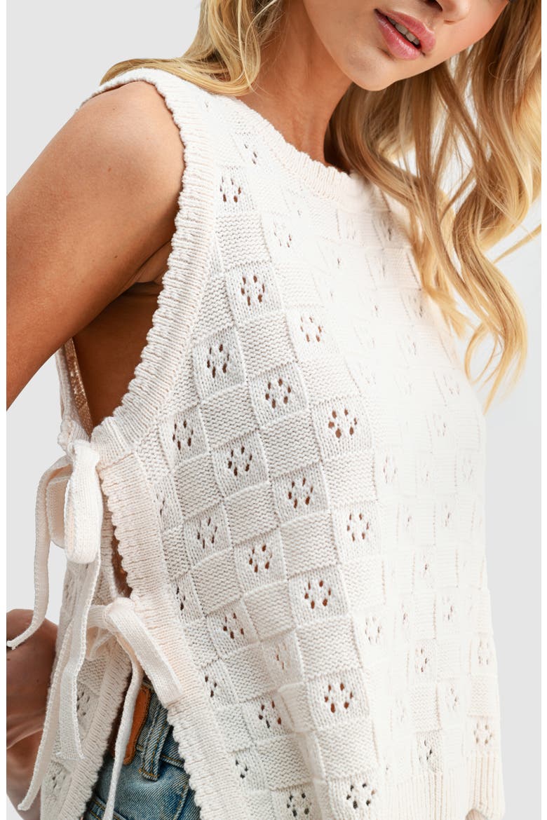 Side Tie Check Stitch Cotton Blend Sweater Vest, Alternate, color, CREAM