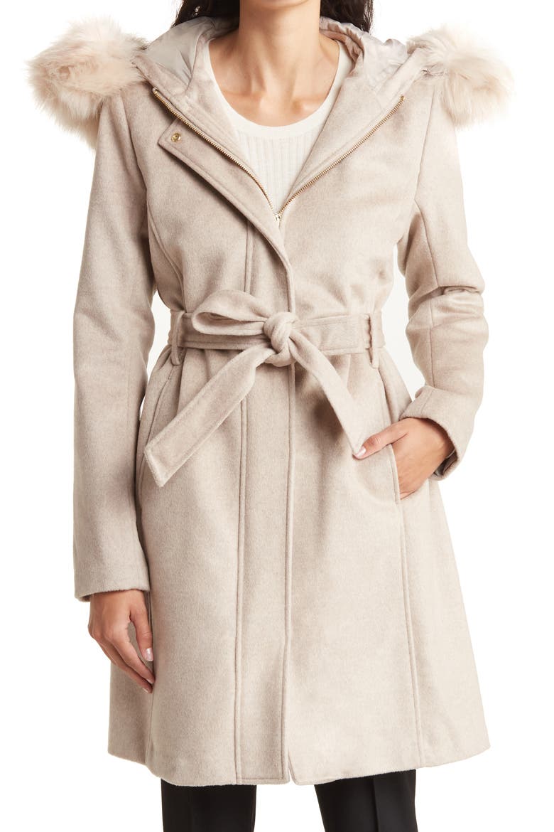 Faux Fur Trim Wool Blend Jacket, Main, color, BONE