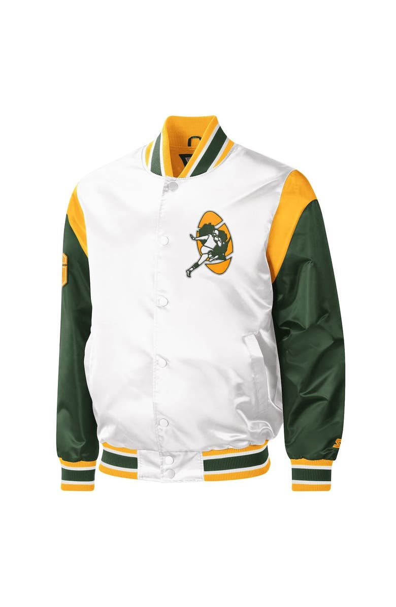 STARTER Men's Starter White Green Bay Packers Throwback Warm Up Pitch Satin Full-Snap Varsity Jacket, Alternate, color,
