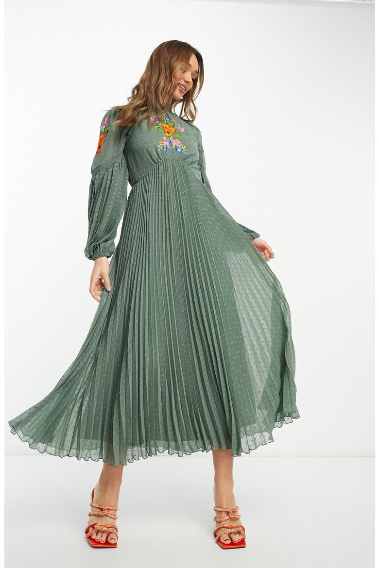 Floral Embroidered Long Sleeve Chiffon Midi Dress, Main, color, KHAKI