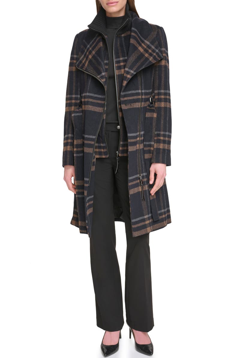 Calvin Klein Angled Zip Twill Coat, Main, color, Plaid Combo