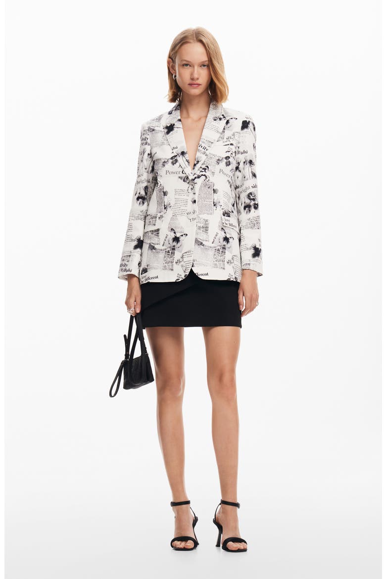 Bratislava News Print Stretch Cotton Blazer, Alternate, color, WHITE