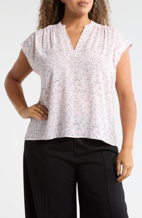 Growover Print Shirred V-Neck Top (Plus)