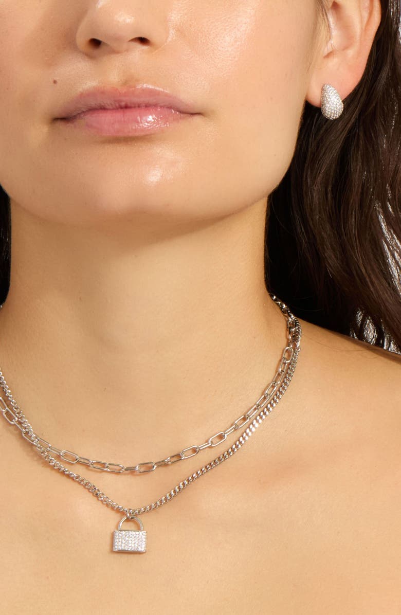 Adornia Pavé Lock Layered Necklace, Alternate, color, Silver