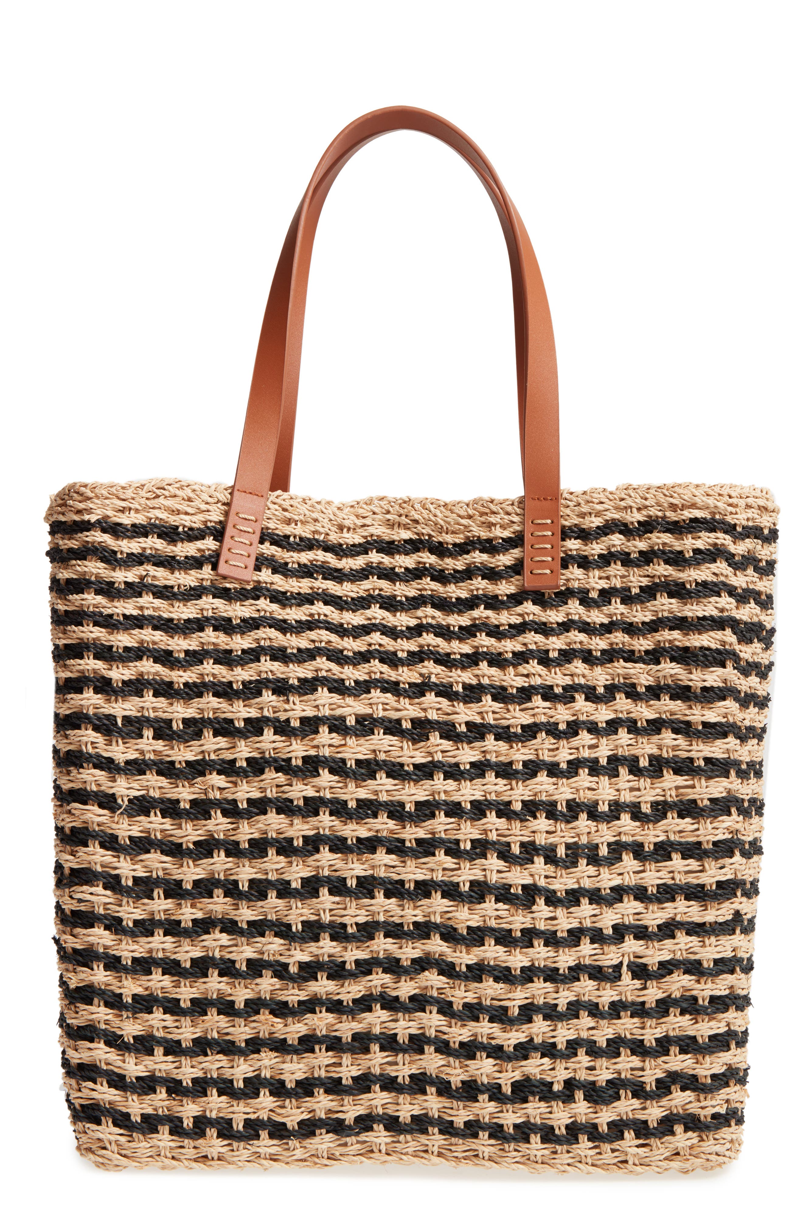 Stripe Raffia Tote, Main, color, NATURAL/ BLACK