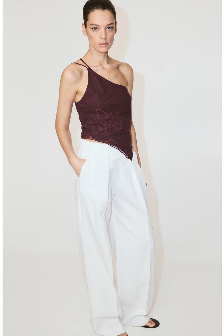 Floral Embroidered Asymmetrical One Shoulder Top, Alternate, color, MAROON