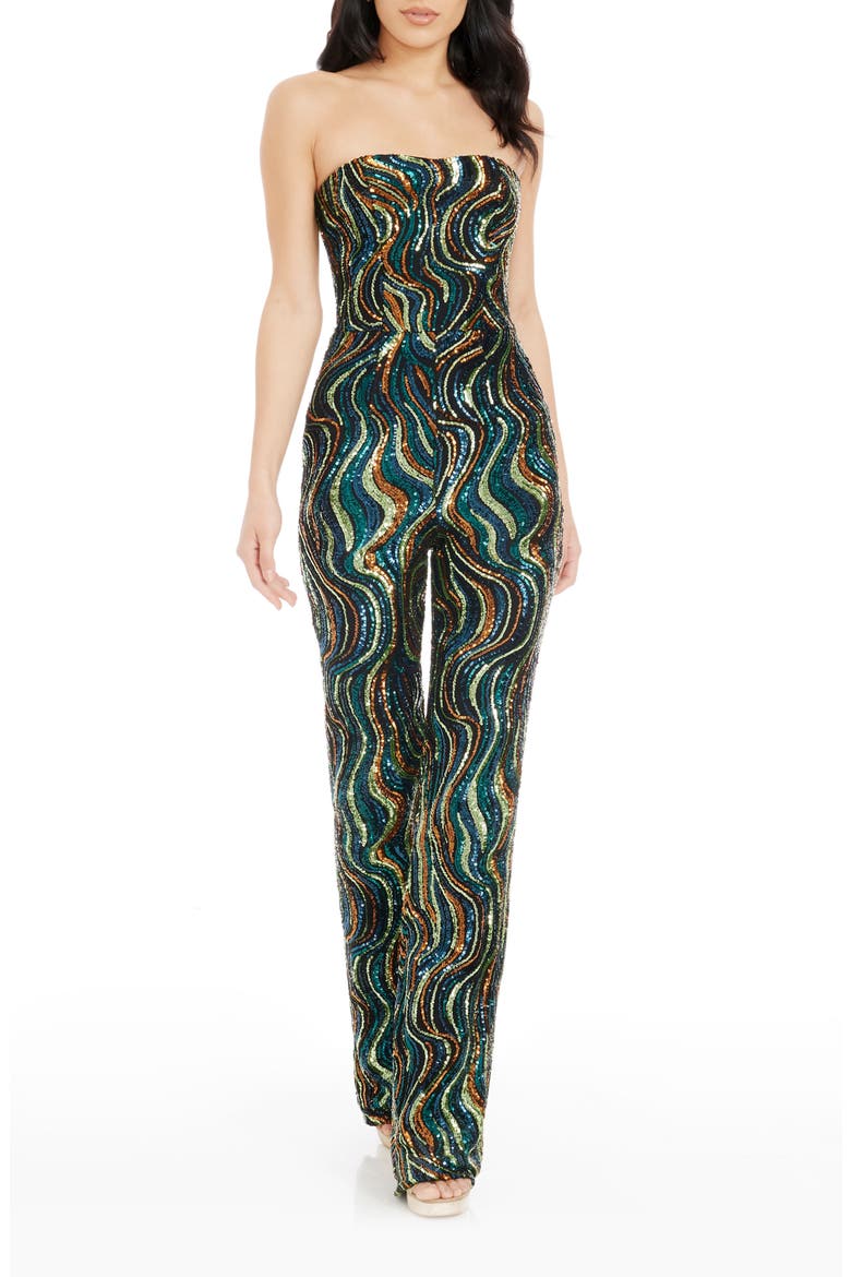 Andy Abstract Sequin Strapless Jumpsuit, Main, color, TEAL MULTI