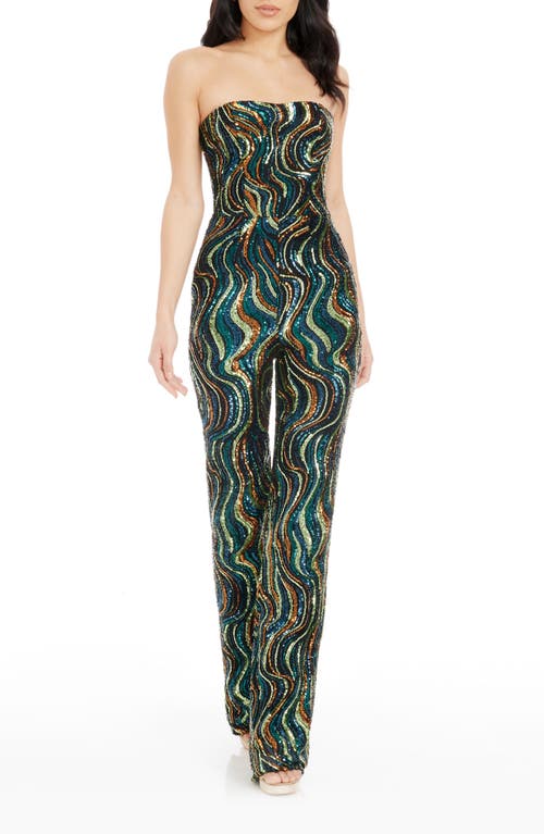 Dress the Population Andy Abstract Sequin Strapless Jumpsuit in Teal Multi 