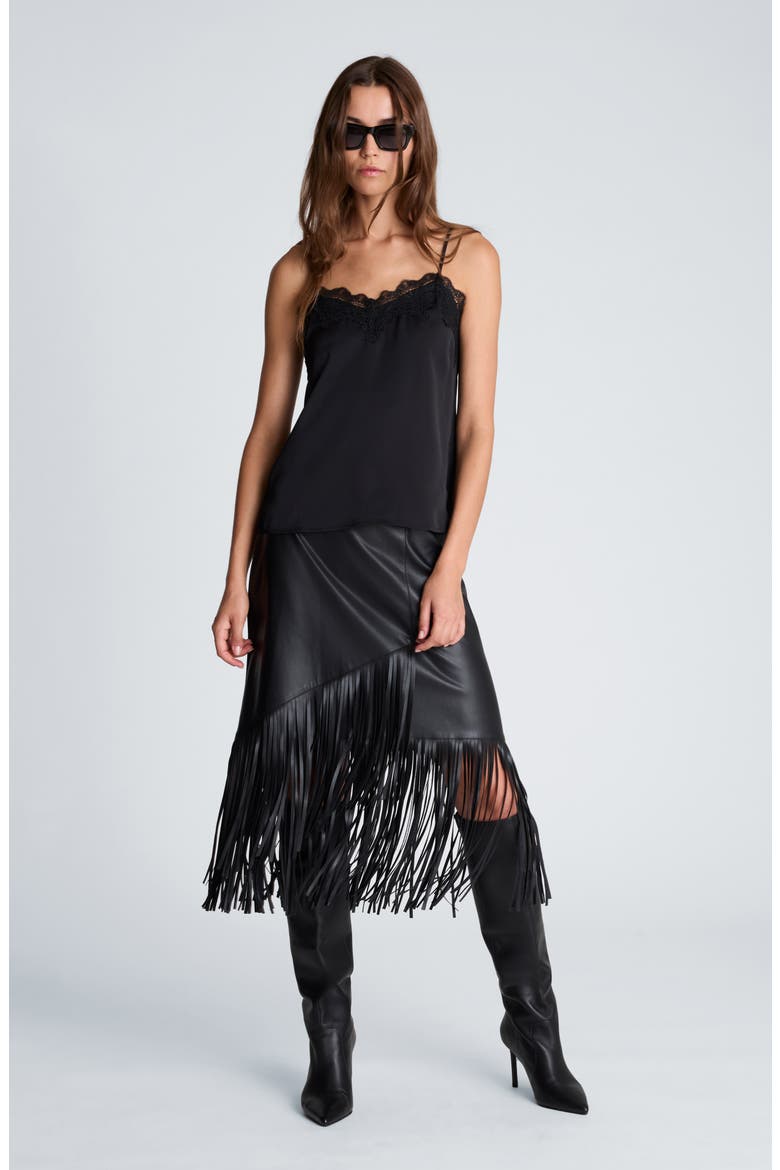 Fringe Asymmetric Faux Leather Midi Skirt, Alternate, color, BLACK