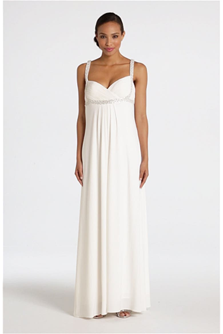 Pearl Trim Crisscross Matte Jersey Gown, Alternate, color, NEW IVORY