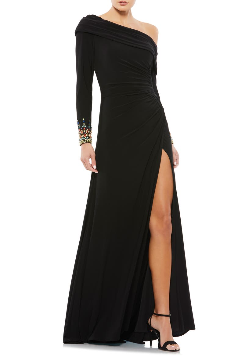One-Shoulder Long Sleeve Jersey Gown, Main, color, BLACK