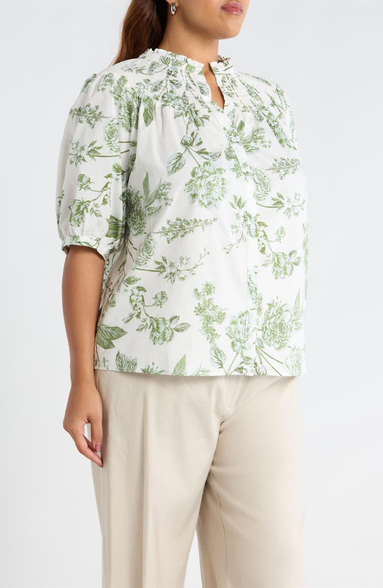 SUGARLIPS Bria Floral Blossom Smocked Button-Up Top, Alternate, color, White Olives
